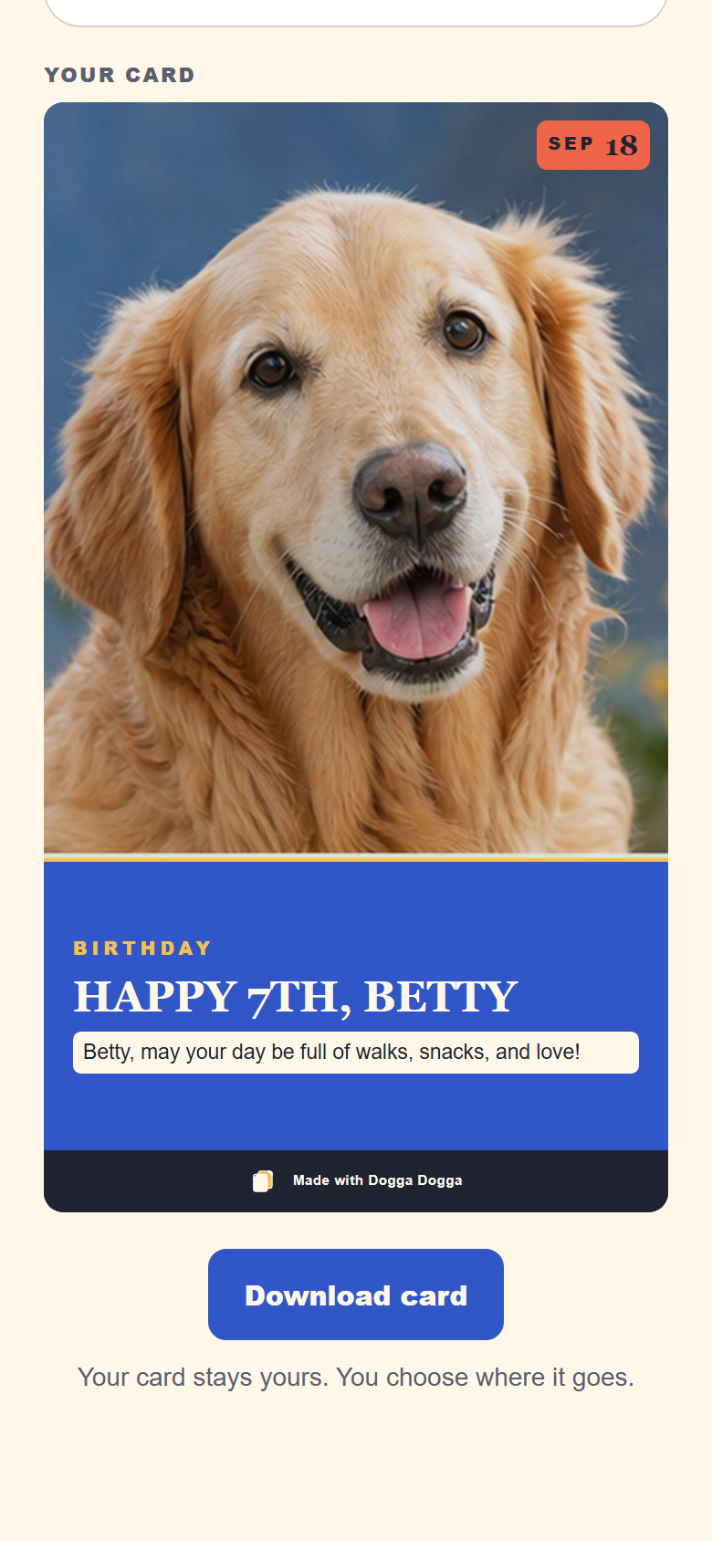 Dogga Dogga card maker showing a finished fictional birthday Story for Betty and the Download card button
