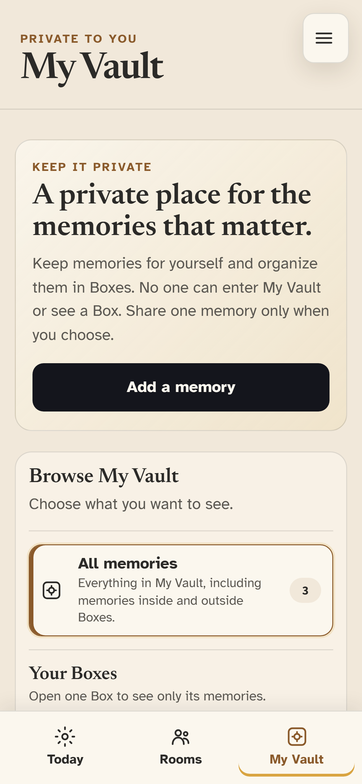 Memrie My Vault shown at iPhone size, with a fictional private Vault, All memories, and Boxes