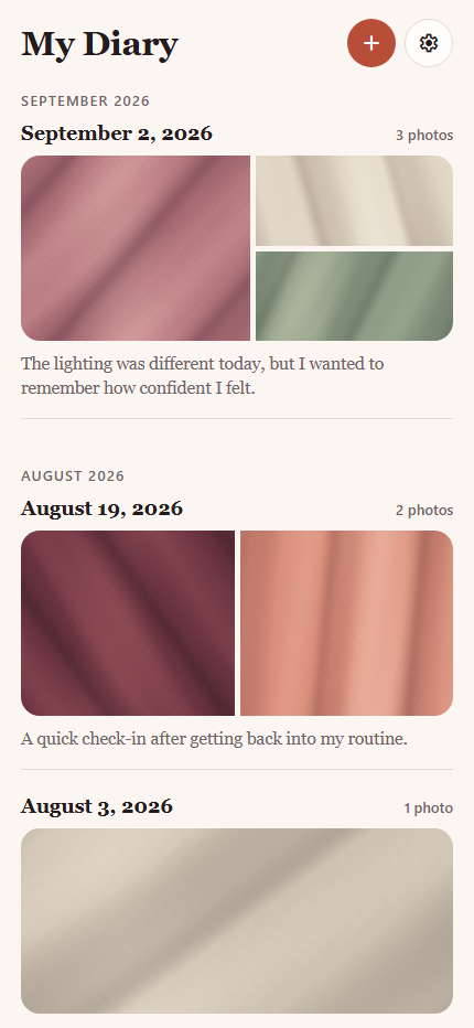 Peach Progress diary timeline showing dated photo entries and private notes